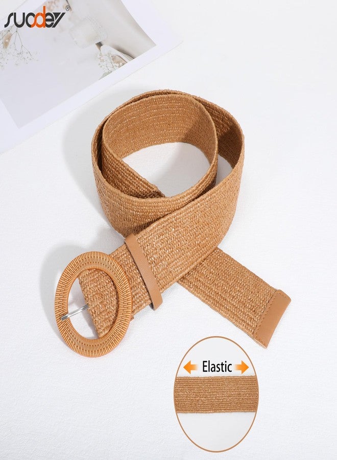 SUOSDEY 2 Pack Straw Woven Elastic Belt Braided Stretch Wide Belt for Women Dress, J-brown+beige, Fit Waist up to 35'' - Image 4