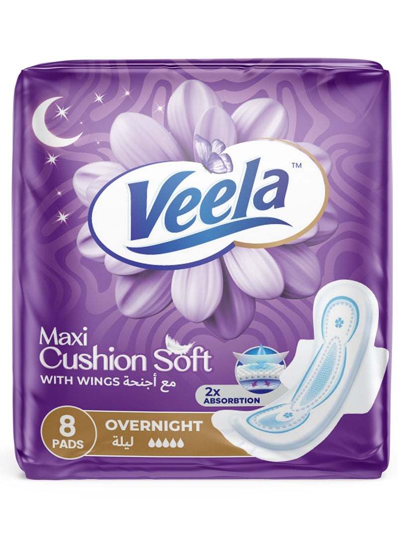 Veela Cushion Soft Maxi Pads for Women - Ultra-Soft, Breathable, and Leak-Proof Sanitary Napkins, Heavy Flow Feminine Hygiene Pads (OVERNIGHT, 8, count) - Image 1