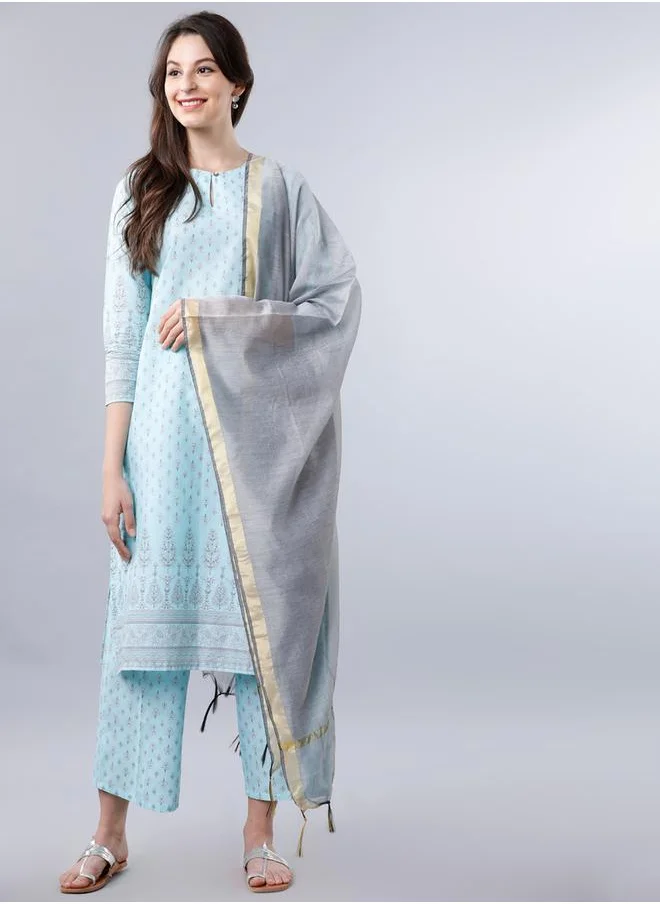 Vishudh Women Blue Cotton Printed Kurta Set by Styli