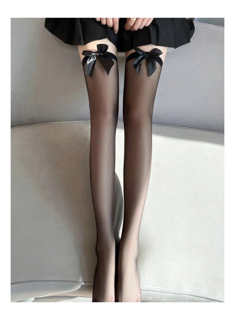 FridayIn 3 Pieces Women's Black Fishnet Silicone Butterfly Bow Lace Stockings - Image 4