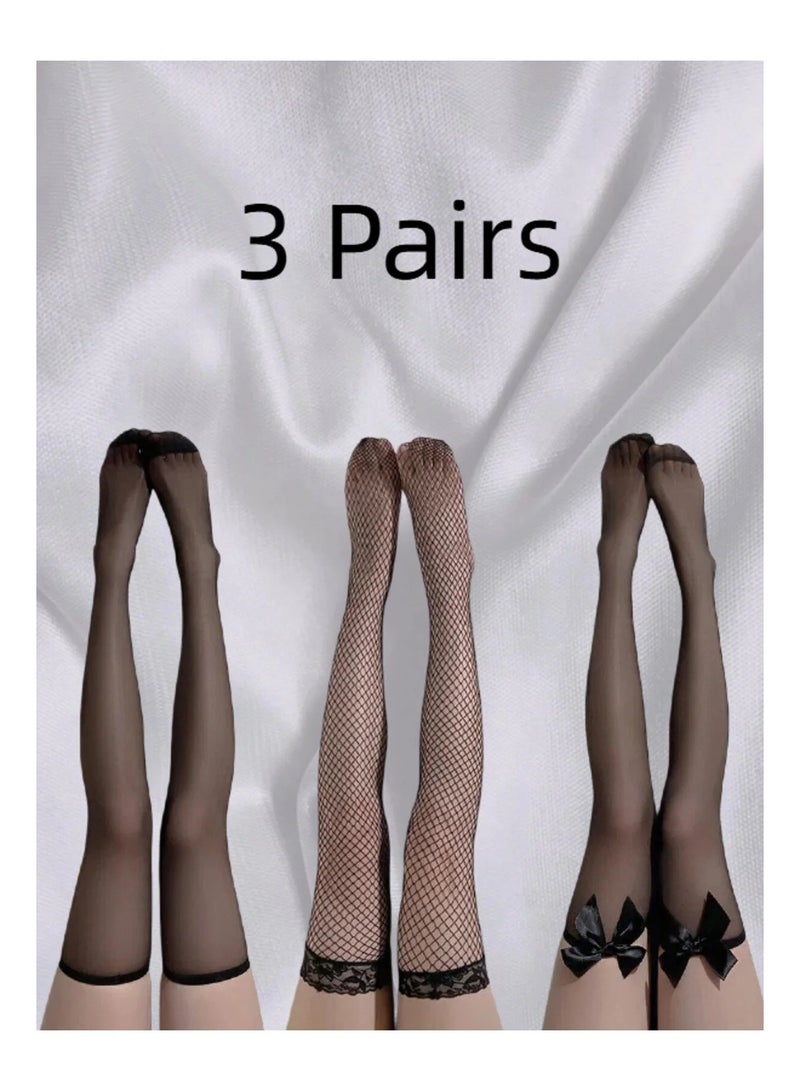 FridayIn 3 Pieces Women's Black Fishnet Silicone Butterfly Bow Lace Stockings - Image 1
