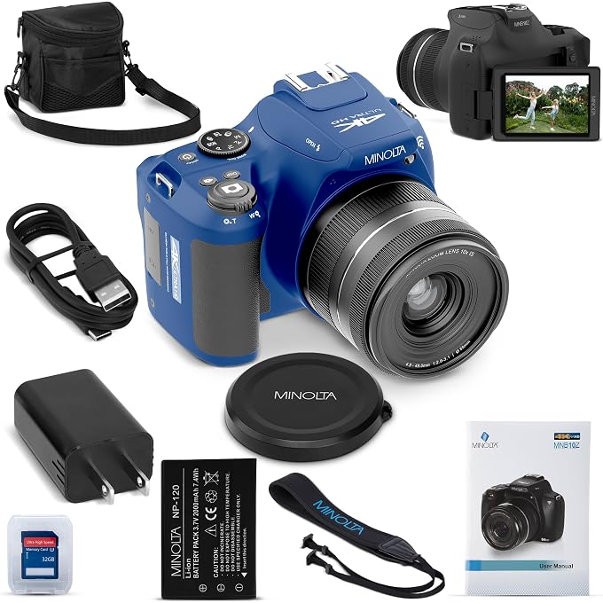 Minolta MNB10Z 64MP 4K Bridge Camera, 10X Optical Zoom, Flip LCD (Blue) | Protects your camera gear with dedicated storage for cameras, lenses and everyday essentials. - Image 1