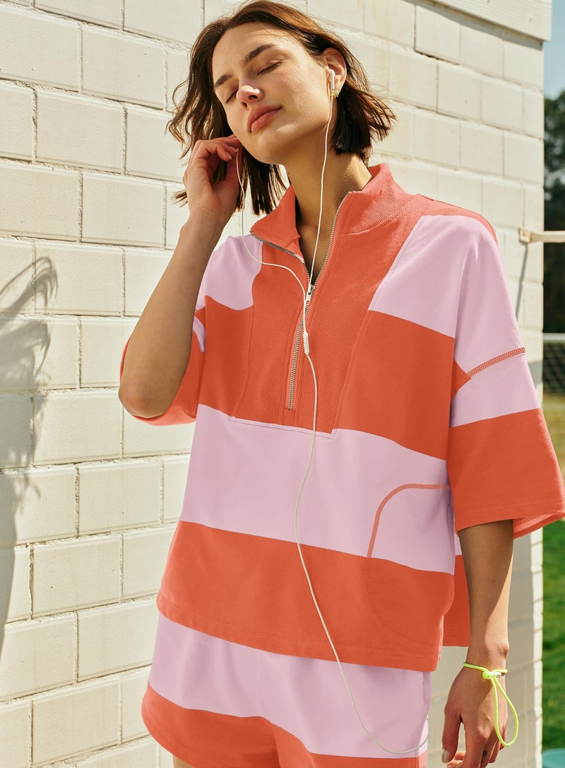 Yanekop Womens Summer Striped Short Set Matching Lounge Sets 2 Piece Outfits Two piece Workout Sets with Pockets(Pink Orange,S) - Image 5