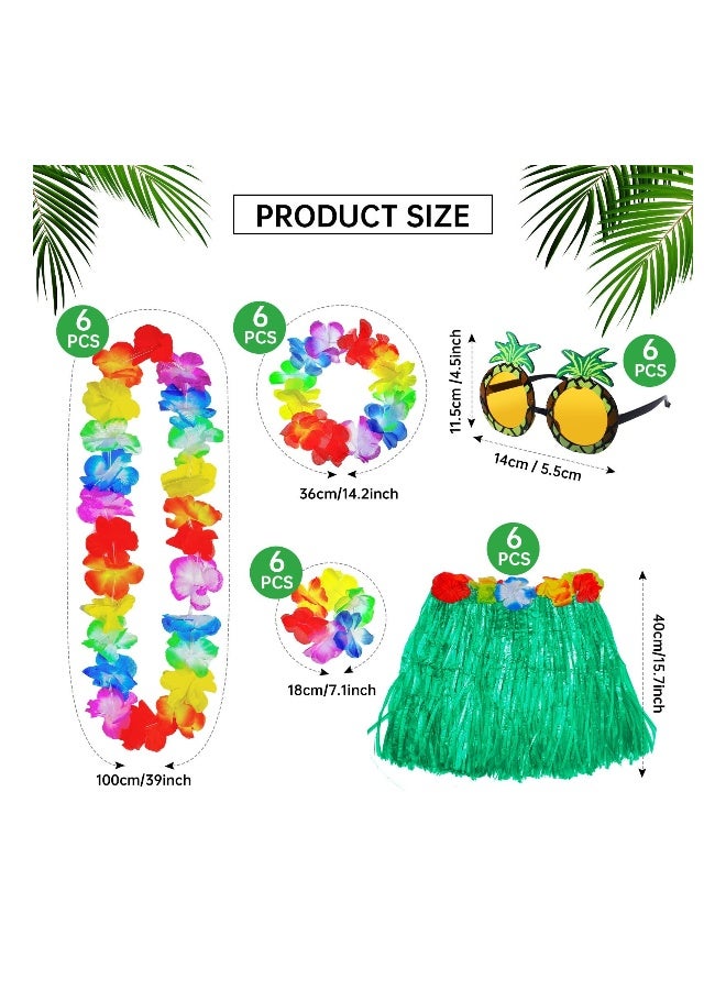 18 Packs Hawaiian Grass Skirt Party Set 6 Hawaiian Elastic Tropical Luau Hula Skirt 6 Hawaiian Leis Necklace Flower Headband Bracelet 6 Pineapple Sunglasses for Summer Vacation Hawaiian Party Supplies - Image 5