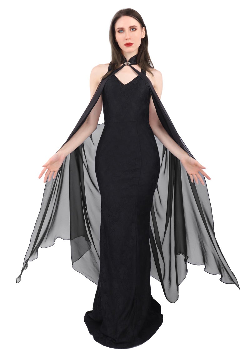 DAZCOS Chiffon Shawls Cape for Women Tulle Cloak Sheer for Evening Glamour Dresses Wedding Collared Halter Capelet (Black) - Image 2