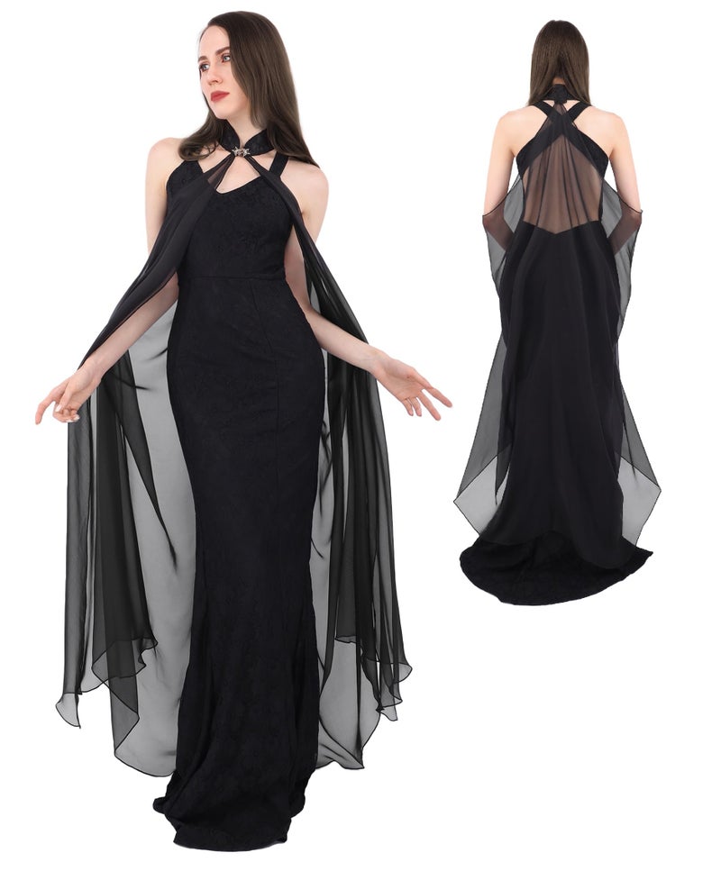DAZCOS Chiffon Shawls Cape for Women Tulle Cloak Sheer for Evening Glamour Dresses Wedding Collared Halter Capelet (Black) - Image 1