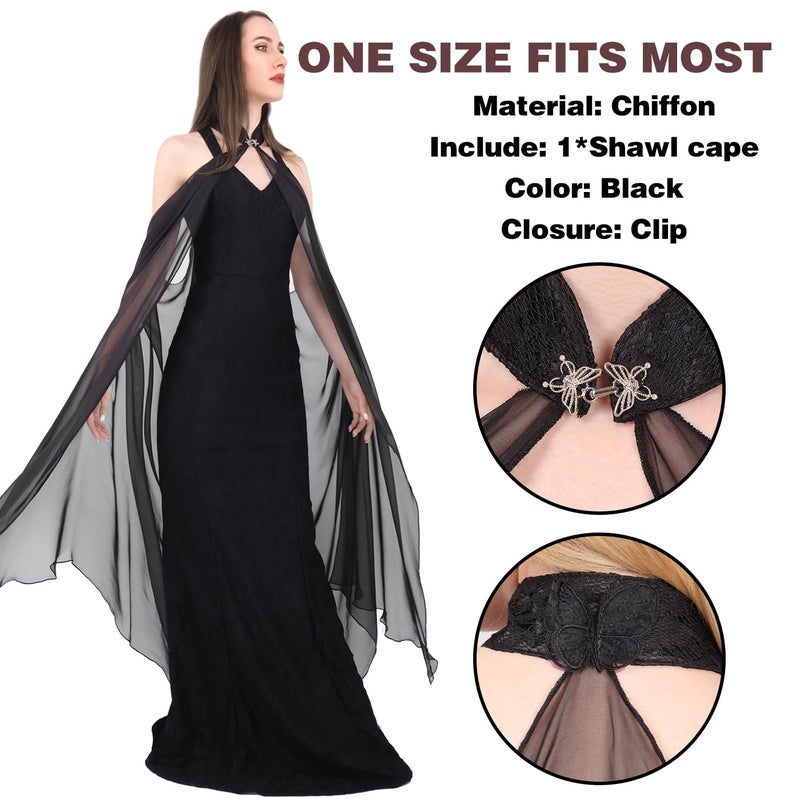 DAZCOS Chiffon Shawls Cape for Women Tulle Cloak Sheer for Evening Glamour Dresses Wedding Collared Halter Capelet (Black) - Image 4