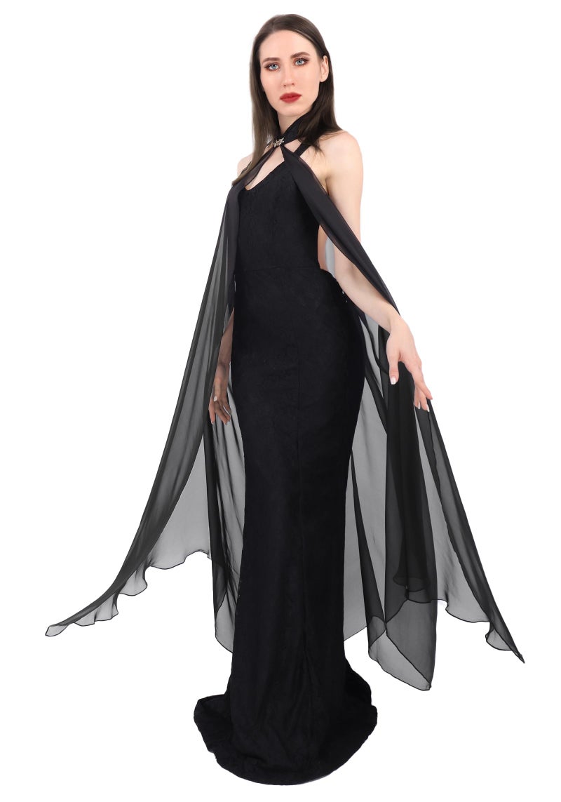 DAZCOS Chiffon Shawls Cape for Women Tulle Cloak Sheer for Evening Glamour Dresses Wedding Collared Halter Capelet (Black) - Image 5