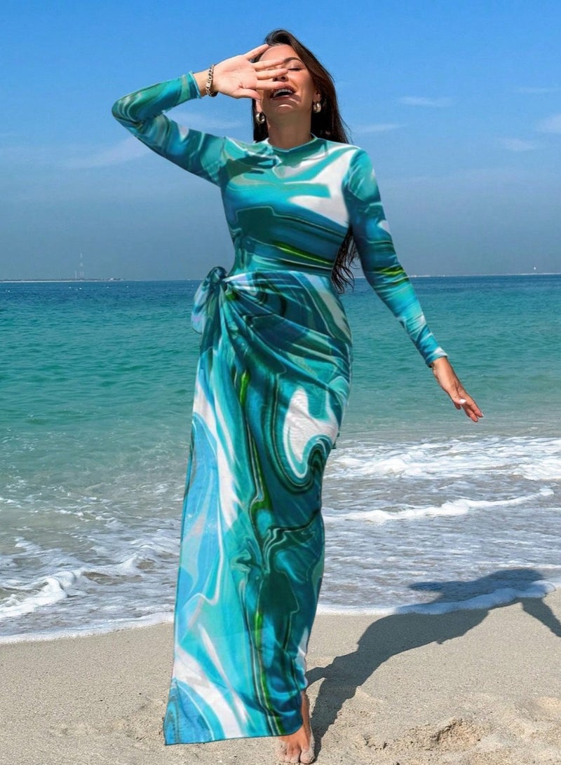 Women’s Aqua Blue Burkini Set – Slim Pants, Long Sleeves, and Apron  - Image 2