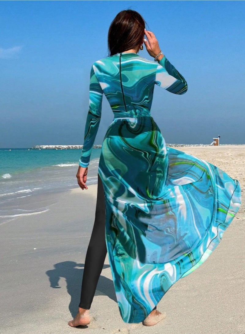 طقم بوركيني نسائي باللون الأزرق المائي من سروال رفيع بأكمام طويلة ومريلة - Image 1