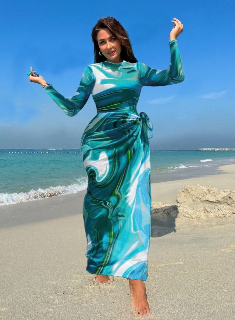 طقم بوركيني نسائي باللون الأزرق المائي من سروال رفيع بأكمام طويلة ومريلة - Image 2