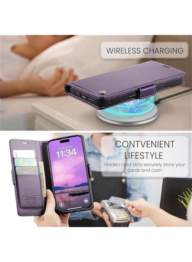 حافظة حماية وحامل بطاقات لهاتف آيفون 16 بلس من جلد البولي يوريثين بخاصية حجب تحديد الهوية بالراديو مع مسند قابل للطي ومشبك مغناطيسي، بناتج اللون البنفسجي، للجنسين 6.7 انش - Image 2