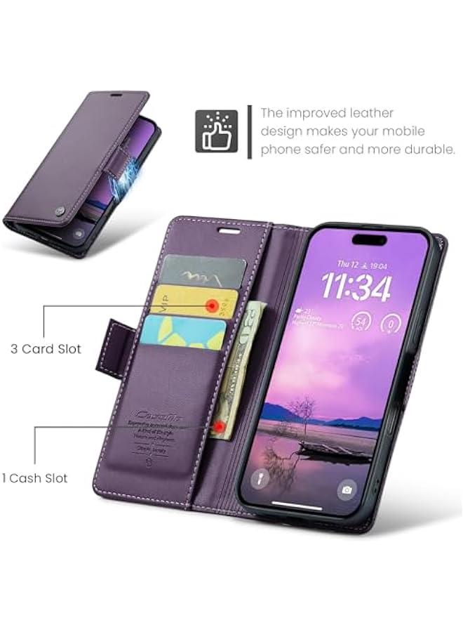 حافظة حماية وحامل بطاقات لهاتف آيفون 16 بلس من جلد البولي يوريثين بخاصية حجب تحديد الهوية بالراديو مع مسند قابل للطي ومشبك مغناطيسي، بناتج اللون البنفسجي، للجنسين 6.7 انش - Image 3