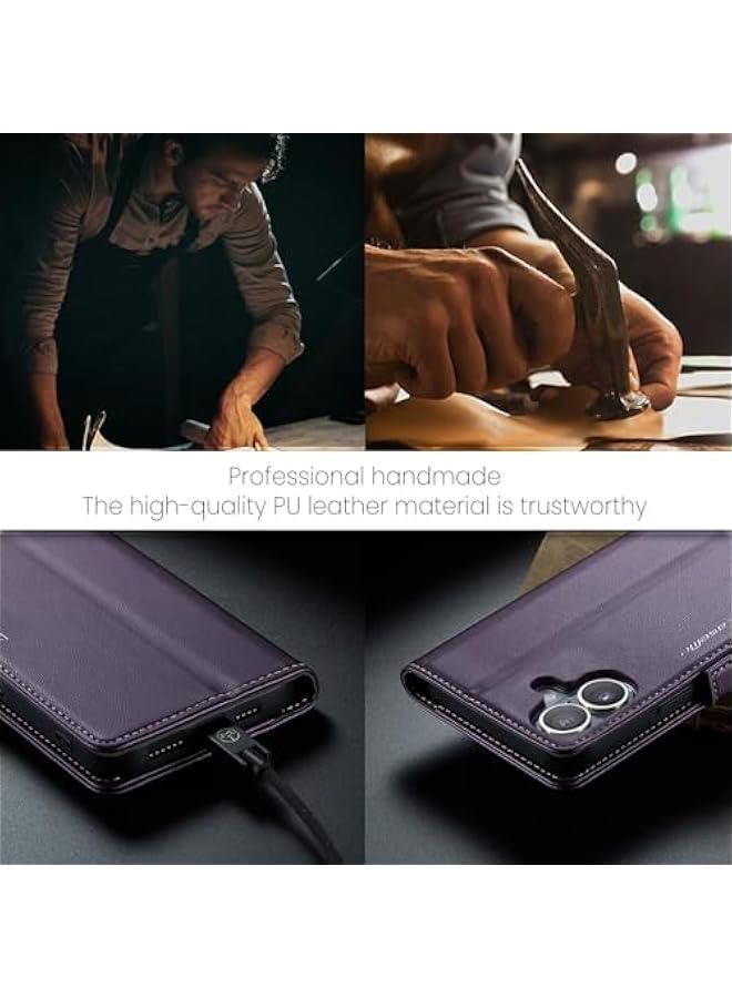 حافظة حماية وحامل بطاقات لهاتف آيفون 16 بلس من جلد البولي يوريثين بخاصية حجب تحديد الهوية بالراديو مع مسند قابل للطي ومشبك مغناطيسي، بناتج اللون البنفسجي، للجنسين 6.7 انش - Image 5