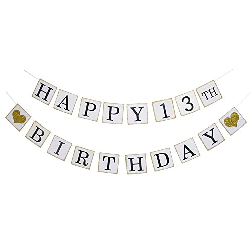 Festiko®Happy 13th Birthday Banner - Gold Glitter Heart for 13 Years Birthday Party Decoration Bunting White - Image 1