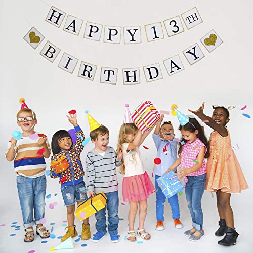 Festiko®Happy 13th Birthday Banner - Gold Glitter Heart for 13 Years Birthday Party Decoration Bunting White - Image 5
