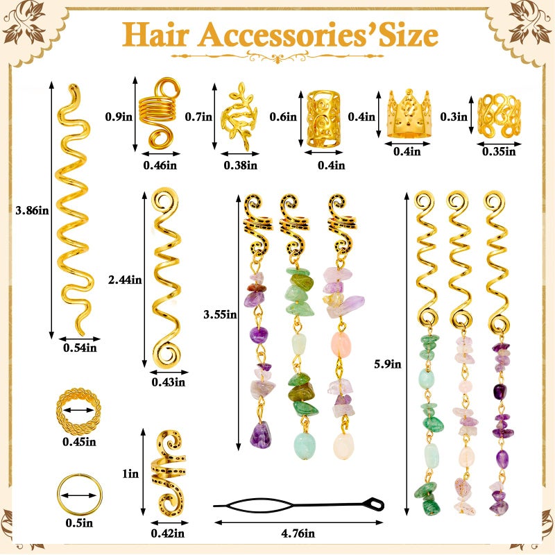 Jollidecor 80 Pcs Natural Crystal Stone Dreadlock Accessories, Jollidecor Hair Jewelry for Braids Hair Spirals Gems Charms Adjust Gold Loc Jewelry for Hair Cuffs for Adult Women Braids Hairstyle Decoration - Image 2