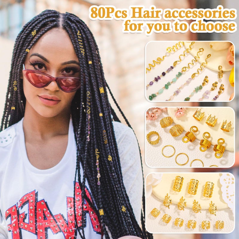 Jollidecor 80 Pcs Natural Crystal Stone Dreadlock Accessories, Jollidecor Hair Jewelry for Braids Hair Spirals Gems Charms Adjust Gold Loc Jewelry for Hair Cuffs for Adult Women Braids Hairstyle Decoration - Image 5