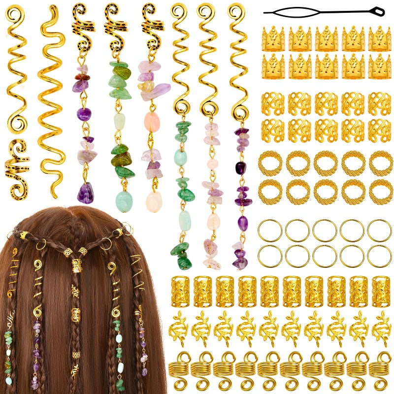 Jollidecor 80 Pcs Natural Crystal Stone Dreadlock Accessories, Jollidecor Hair Jewelry for Braids Hair Spirals Gems Charms Adjust Gold Loc Jewelry for Hair Cuffs for Adult Women Braids Hairstyle Decoration - Image 1