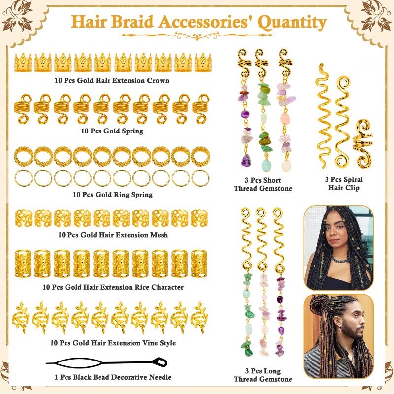 Jollidecor 80 Pcs Natural Crystal Stone Dreadlock Accessories, Jollidecor Hair Jewelry for Braids Hair Spirals Gems Charms Adjust Gold Loc Jewelry for Hair Cuffs for Adult Women Braids Hairstyle Decoration - Image 3