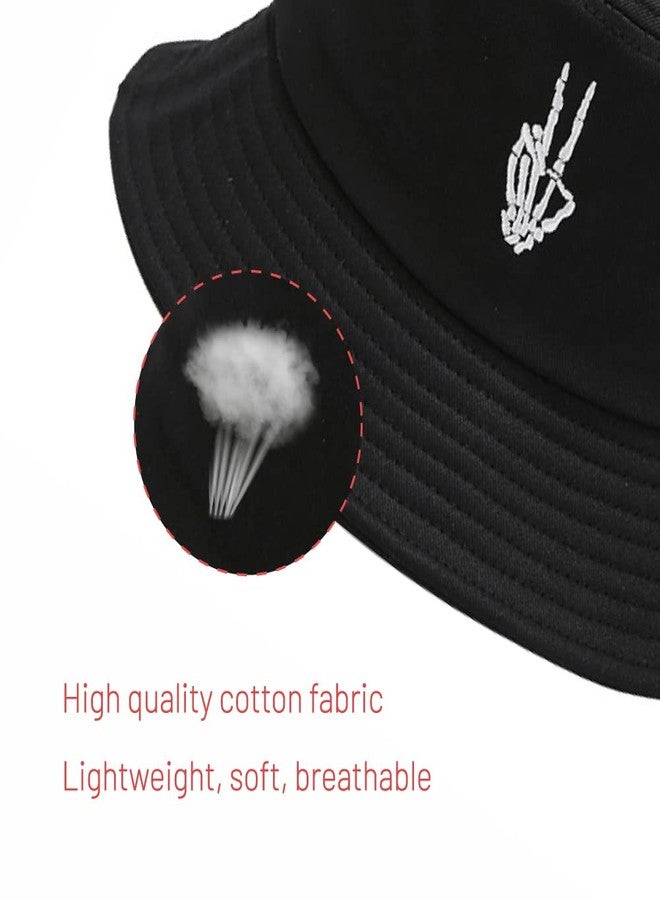 Gadfary Cotton Bucket Hat for Women Men Summer Travel Sun Beach Bucket Cap, Unisex Outdoor Fisherman Hat (Skeleton Fingers Black) - Image 2