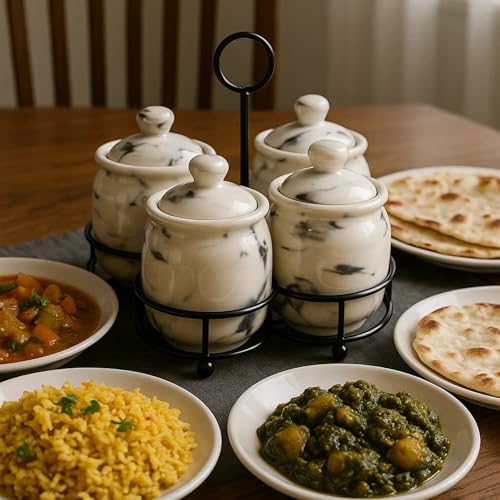 Niyara Handcrafted Ceramic Pickle Jar Set, Premium Metal Tray, Spoons & Lids – Multipurpose Storage for Pickles, Chutneys, Spices & Condiments (Set of 4, 300ML/Each) (White Marble design) - Image 1