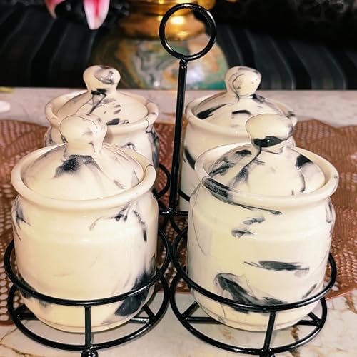 Niyara Handcrafted Ceramic Pickle Jar Set, Premium Metal Tray, Spoons & Lids – Multipurpose Storage for Pickles, Chutneys, Spices & Condiments (Set of 4, 300ML/Each) (White Marble design) - Image 3