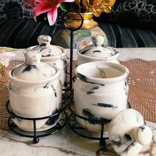 Niyara Handcrafted Ceramic Pickle Jar Set, Premium Metal Tray, Spoons & Lids – Multipurpose Storage for Pickles, Chutneys, Spices & Condiments (Set of 4, 300ML/Each) (White Marble design) - Image 4