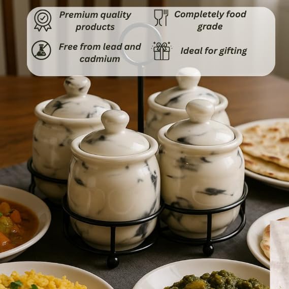 Niyara Handcrafted Ceramic Pickle Jar Set, Premium Metal Tray, Spoons & Lids – Multipurpose Storage for Pickles, Chutneys, Spices & Condiments (Set of 4, 300ML/Each) (White Marble design) - Image 5