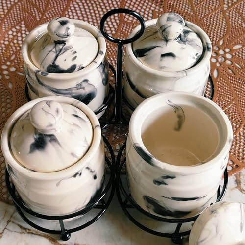 Niyara Handcrafted Ceramic Pickle Jar Set, Premium Metal Tray, Spoons & Lids – Multipurpose Storage for Pickles, Chutneys, Spices & Condiments (Set of 4, 300ML/Each) (White Marble design) - Image 2