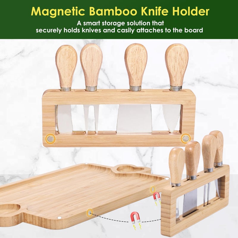 Hongsane Charcuterie Boards,Bamboo Cheese Board with Magnetic Knives Holder,House Warming Gifts New Home,Wedding Gift for Couple,Birthday Gift for Women Mom,Meat Fruit Serving Tray Platter,2 Piece - Image 4