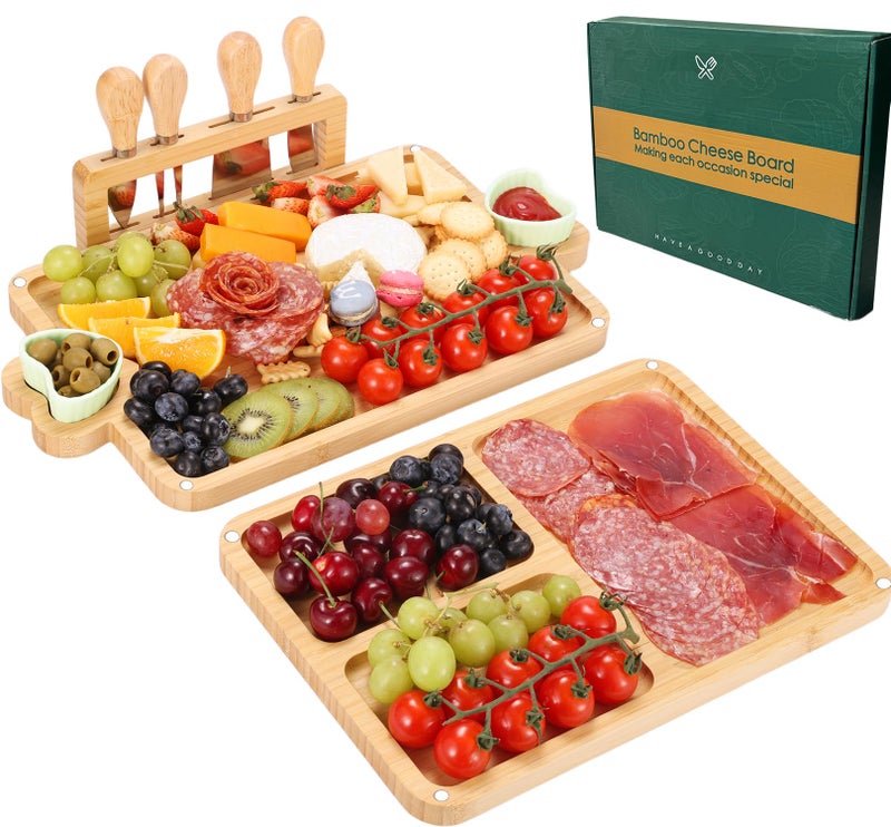 Hongsane Charcuterie Boards,Bamboo Cheese Board with Magnetic Knives Holder,House Warming Gifts New Home,Wedding Gift for Couple,Birthday Gift for Women Mom,Meat Fruit Serving Tray Platter,2 Piece - Image 1