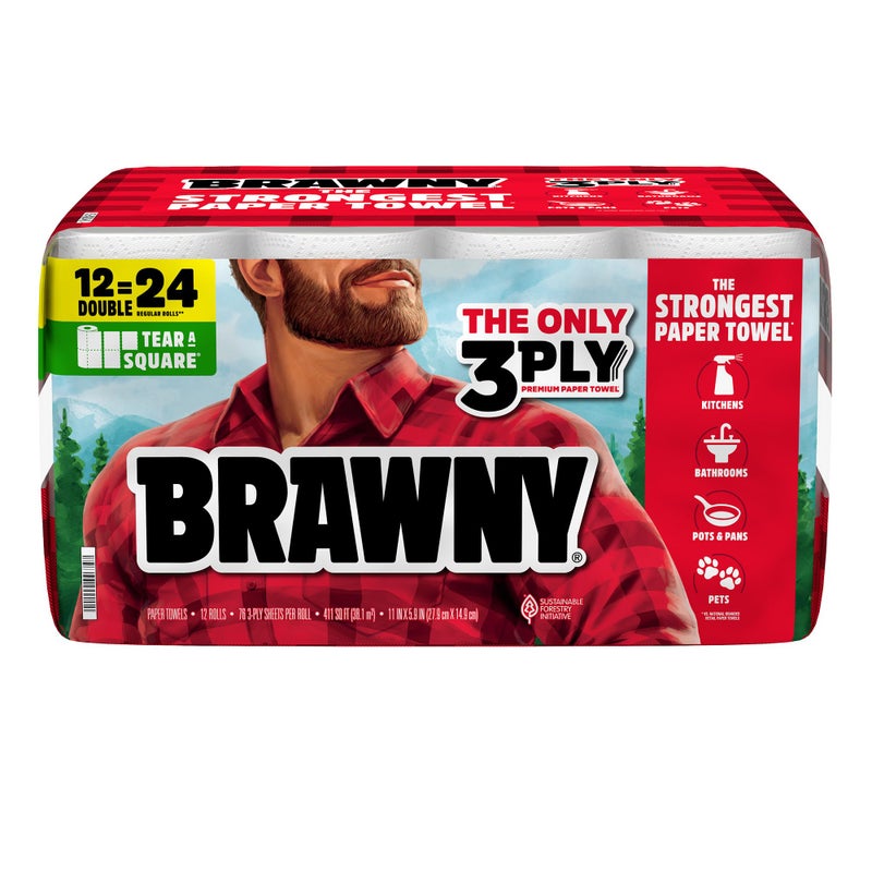 Brawny Tear-A-Square 3-Ply Paper Towels, 12 Double Rolls = 24 Regular Rolls, Strong, Absorbent, and Durable with 3 Sheet Sizes - Image 1