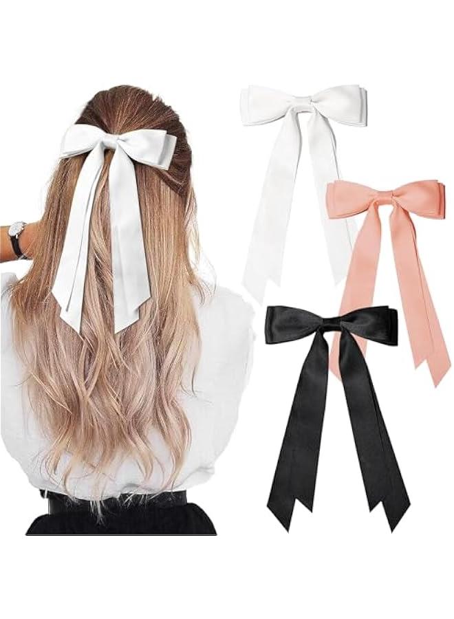 بيوينتي 3pcs الحرير زلة القوس صقيل الشعر كليب ، حزام الشعر ذيل الحصان المثبت والتجهيزات ، مقاطع معدنية ، مزدوجة الشريط زخرفة الشعر ، ومناسبة للنساء والفتيات والأطفال والمراهقين والأطفال ( 3 ألوان ) - Image 1