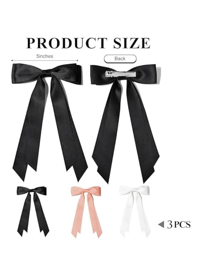 بيوينتي 3pcs الحرير زلة القوس صقيل الشعر كليب ، حزام الشعر ذيل الحصان المثبت والتجهيزات ، مقاطع معدنية ، مزدوجة الشريط زخرفة الشعر ، ومناسبة للنساء والفتيات والأطفال والمراهقين والأطفال ( 3 ألوان ) - Image 4