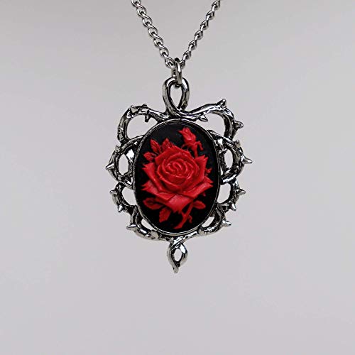 Real Metal Gothic Red Rose Cameo In Thorns Pendant Necklace - Image 5