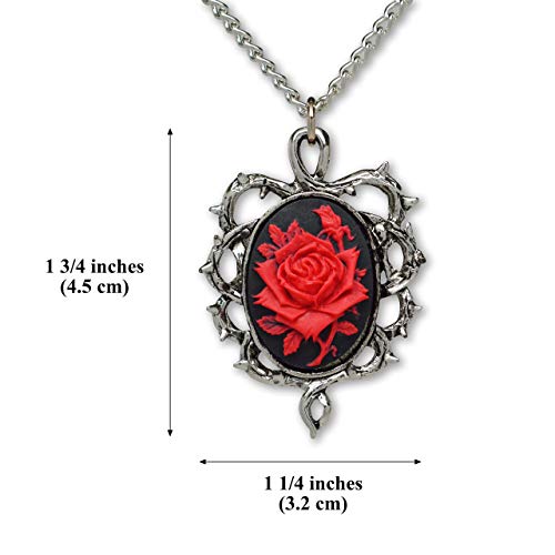 Real Metal Gothic Red Rose Cameo In Thorns Pendant Necklace - Image 3