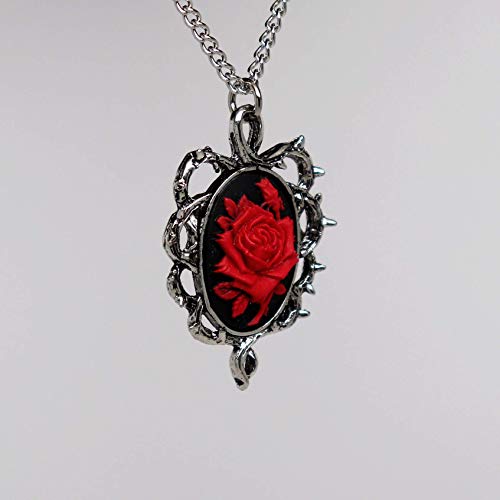 Real Metal Gothic Red Rose Cameo In Thorns Pendant Necklace - Image 4