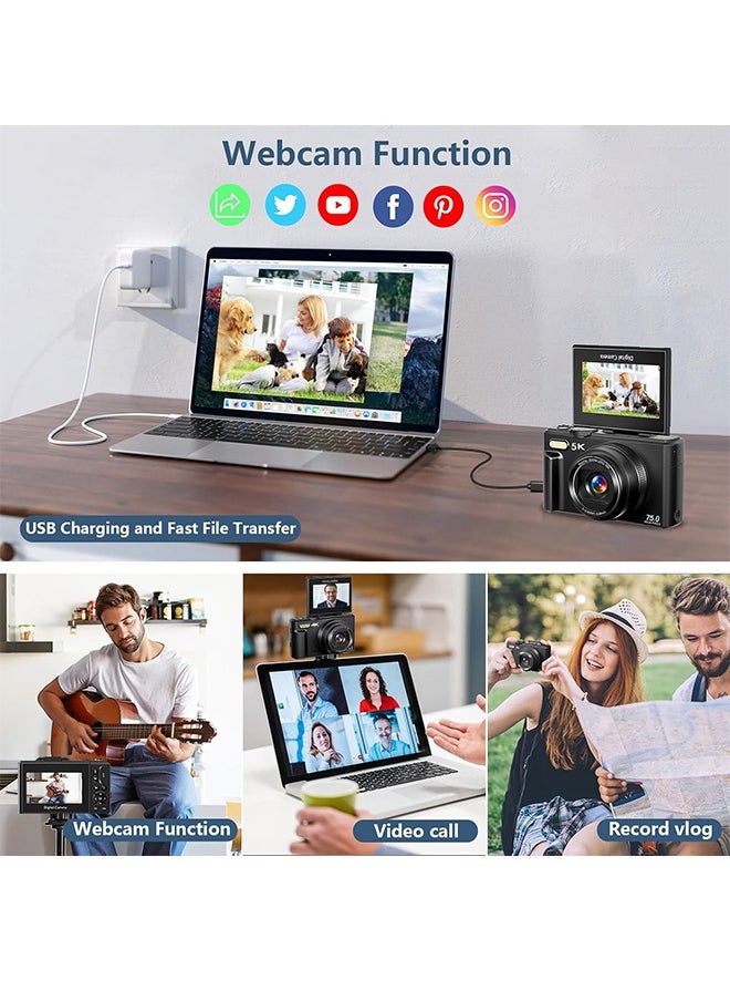 كاميرا رقمية بدقة 5K - كاميرات رقمية بدقة 75 ميجابكسل UHD للتصوير الفوتوغرافي - كاميرا صغيرة ذات تركيز بؤري تلقائي مع فلاش للأطفال - كاميرا تدوين فيديو محمولة صغيرة الحجم بشاشة 3 بوصة مع تقريب 18X، بطاقة SD بسعة 64 جيجابايت، بطاريتين