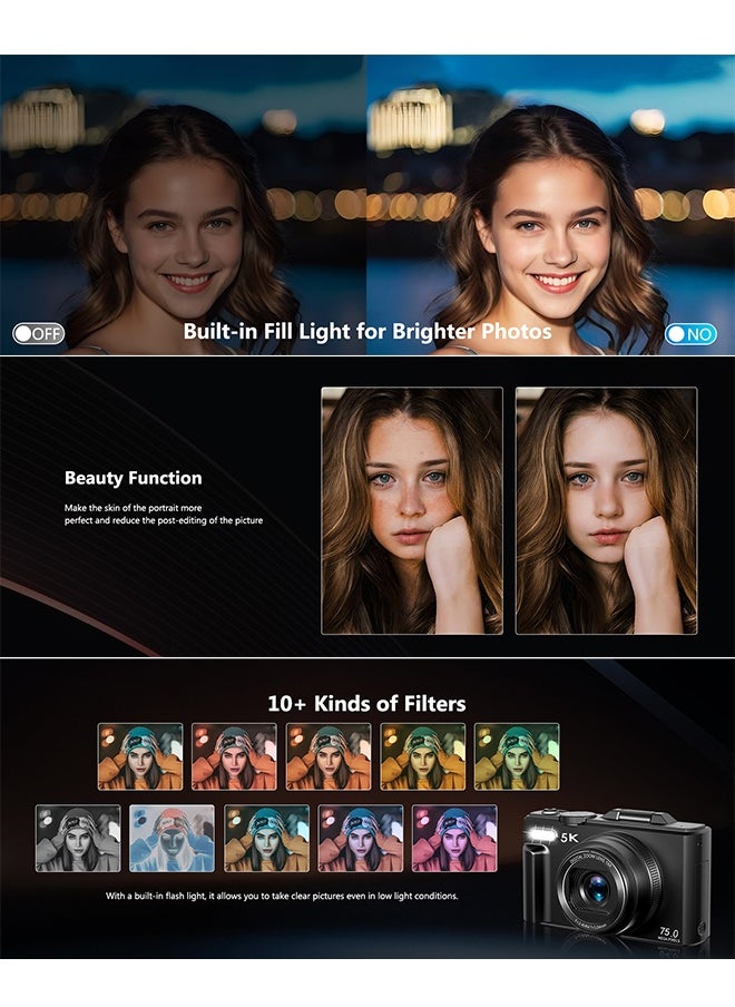 كاميرا رقمية بدقة 5K - كاميرات رقمية بدقة 75 ميجابكسل UHD للتصوير الفوتوغرافي - كاميرا صغيرة ذات تركيز بؤري تلقائي مع فلاش للأطفال - كاميرا تدوين فيديو محمولة صغيرة الحجم بشاشة 3 بوصة مع تقريب 18X، بطاقة SD بسعة 64 جيجابايت، بطاريتين