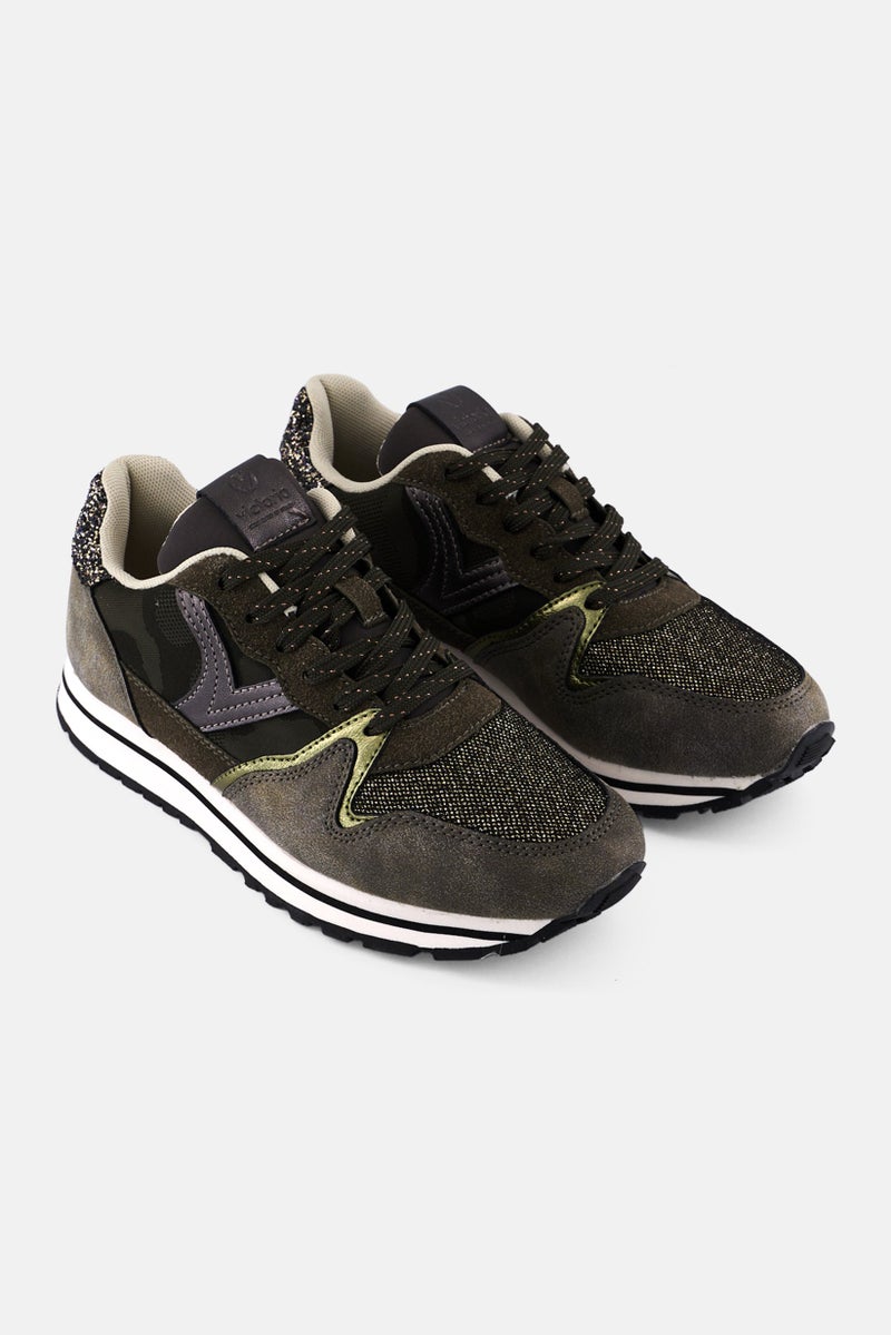 Victoria Women Metallic Lace Up Casual Shoes, Olive - Image 1