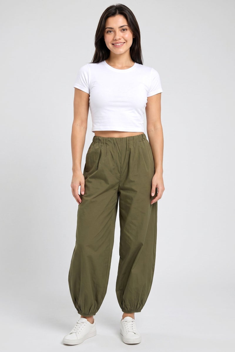 Threadbare Women Balloon Fit Solid Track Pants, Olive - Image 2