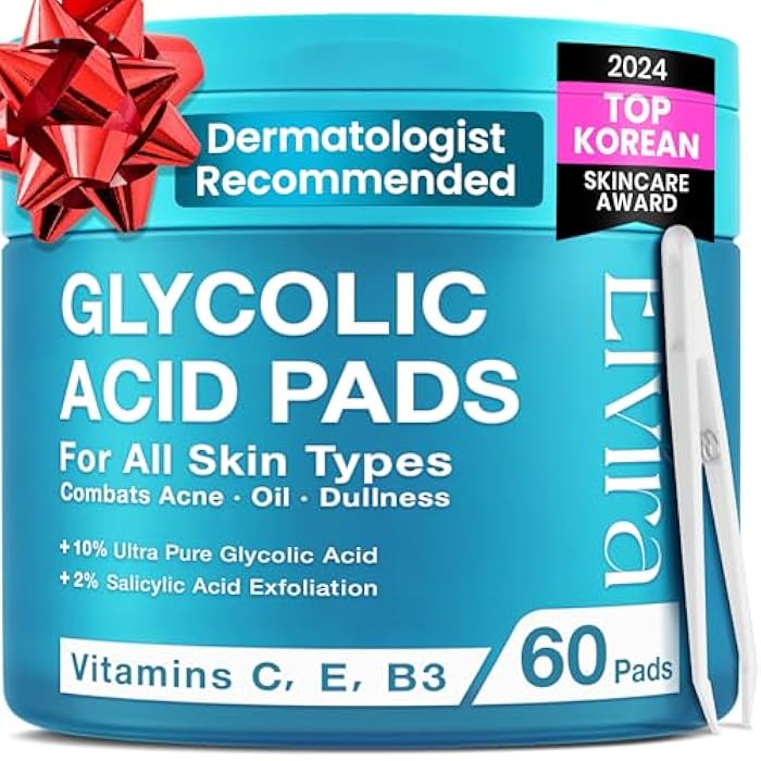 Elvira Glycolic Acid Exfoliating Facial Pads With 10% Glycolic Acid, 2% Salicylic Acid & Niacinamide - 60 Toner Pads, Daily Peel Treatment for Acne Prone Sensitive Skin - Image 1