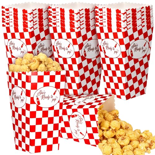 Sliner 24 Pcs Shes Ready to Pop Baby Shower Decorations Shes Ready to Pop Popcorn Candy Treat Boxes Holders Gifts Bulk Red Gingham Soda Popcorn Boxes - Image 1