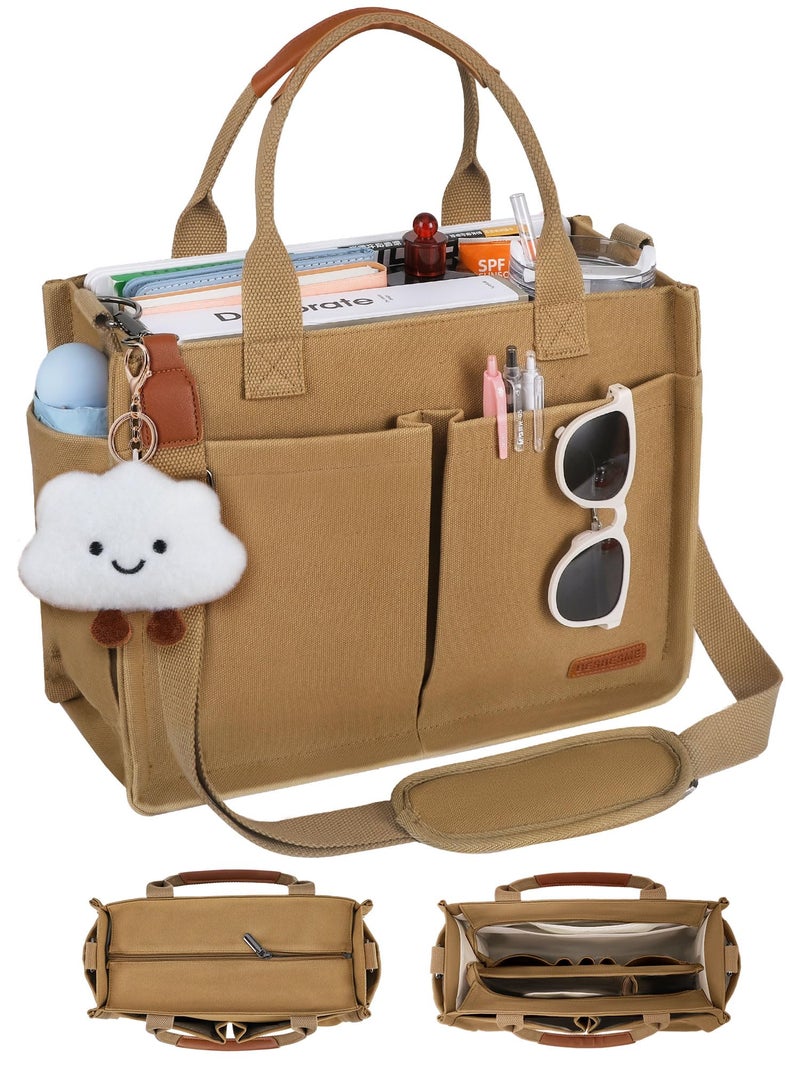 BESBESME Canvas Tote Bag for Women with Zipper, Compartments & Luggage Sleeve, Work and College Crossbody Bag, Adjustable Strap, Laptop Purse for Teacher, Nurse, Travel, Bible Study, Khaki L - Image 1