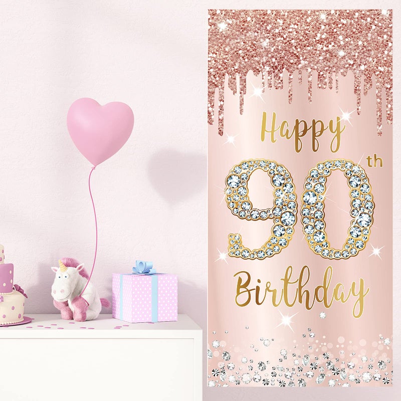 Excelloon زينة لافتة باب عيد الميلاد التسعين للنساء باللون الوردي والذهبي السعيد عيد ميلاد 90 - Image 4
