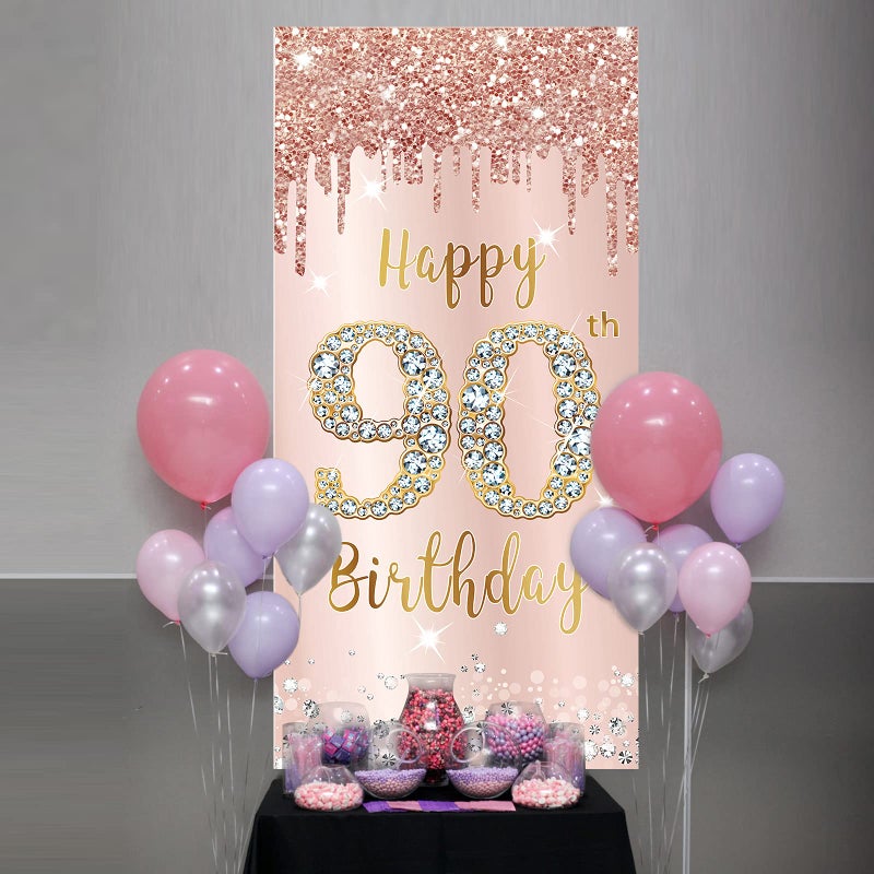 Excelloon زينة لافتة باب عيد الميلاد التسعين للنساء باللون الوردي والذهبي السعيد عيد ميلاد 90 - Image 5