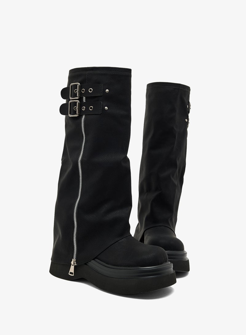 Ginger Platform Heel Slouched Biker Boots - Image 4