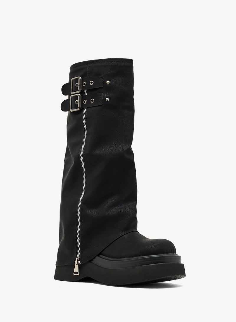 Ginger Platform Heel Slouched Biker Boots - Image 2