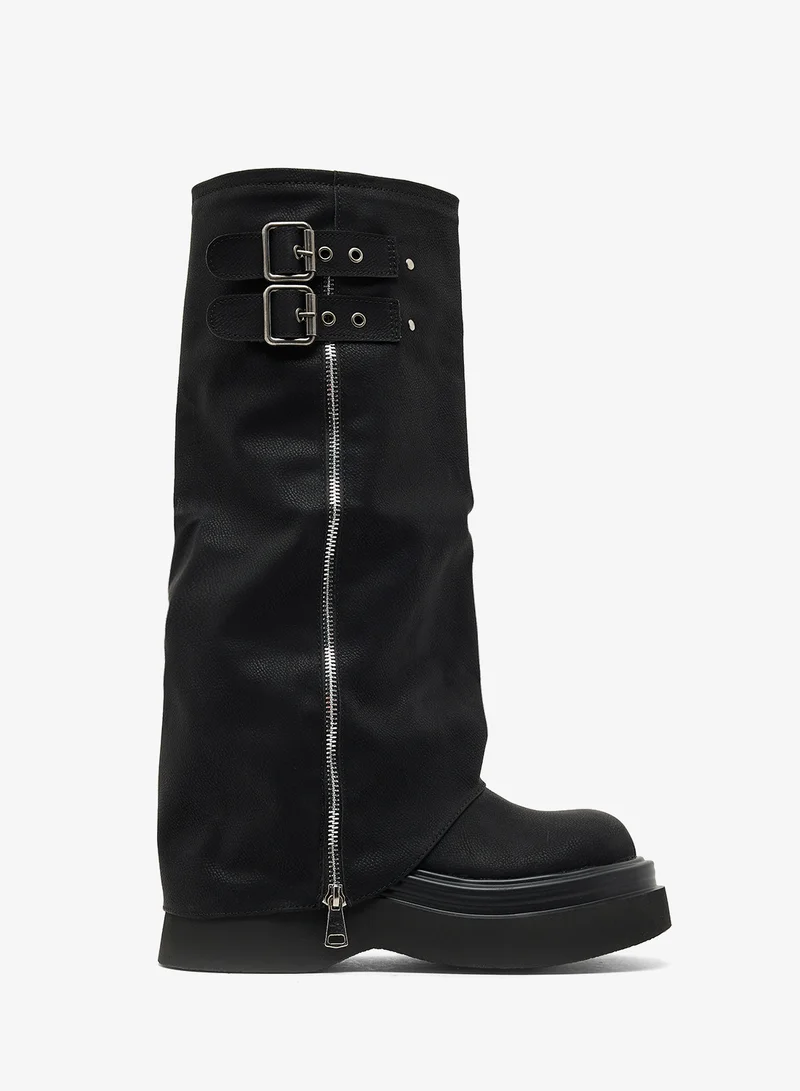 Ginger Platform Heel Slouched Biker Boots